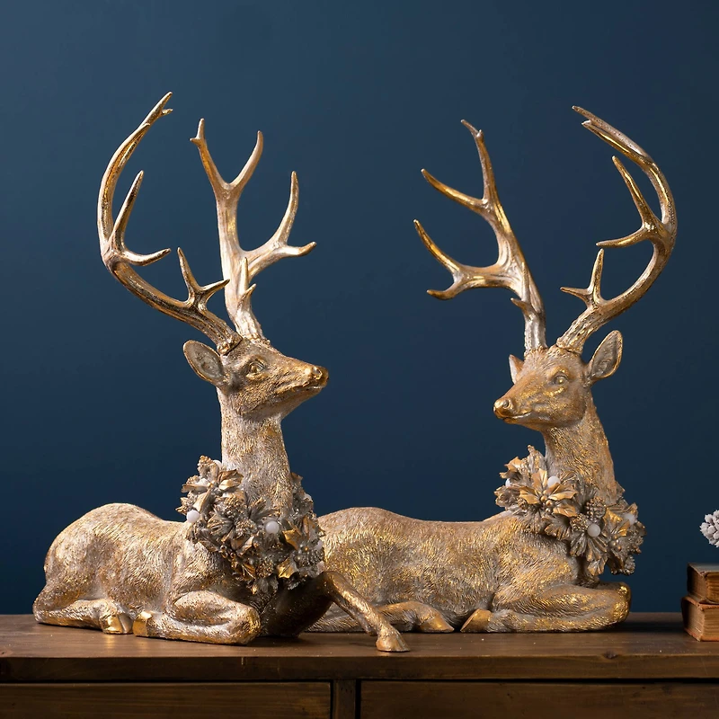 Gold Lounging Deer LED Figurine Set, 21" & 21.75"