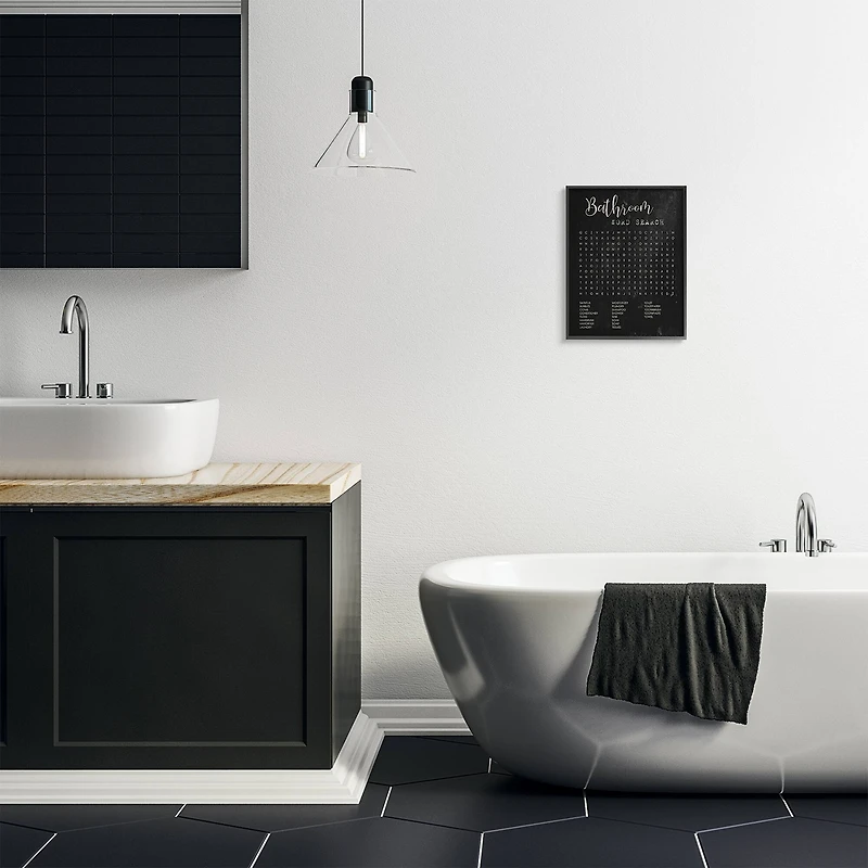 Stupell Industries Bathroom Word Search Activity over Distressed Black Framed Wall Art