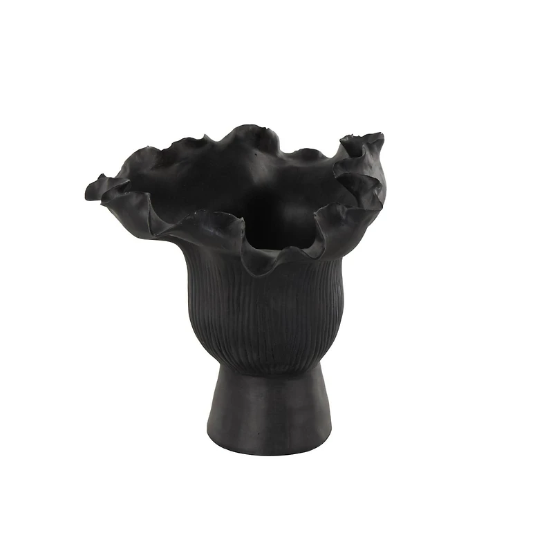 9" Black Ceramic Abstract Floral Inspired Vase with Linear Grooves