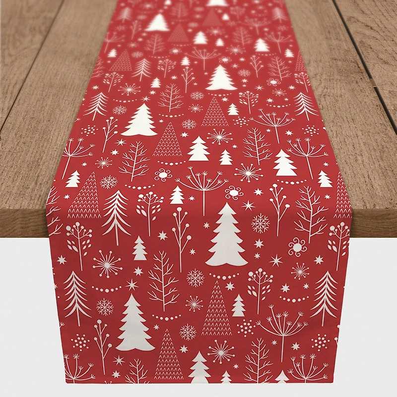 72" Winter Tree Pattern Red Poly Twill Table Runner