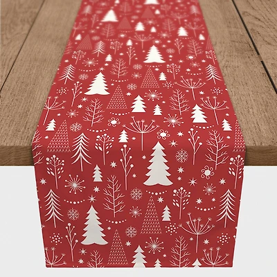 72" Winter Tree Pattern Red Poly Twill Table Runner
