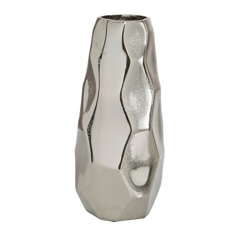Contemporary Geometric-Style Metallic Silver Aluminum Vase, 12" x 5.7" x 5.4"