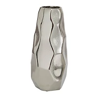 Contemporary Geometric-Style Metallic Silver Aluminum Vase, 12" x 5.7" x 5.4"