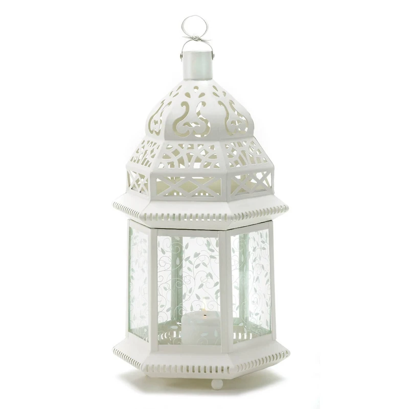 15" White Metal Moroccan Style Hanging Candle Lantern with Etched Floral