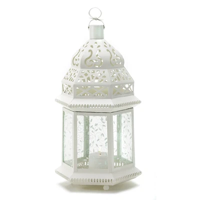 15" White Metal Moroccan Style Hanging Candle Lantern with Etched Floral