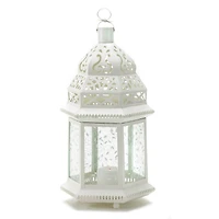 15" White Metal Moroccan Style Hanging Candle Lantern with Etched Floral