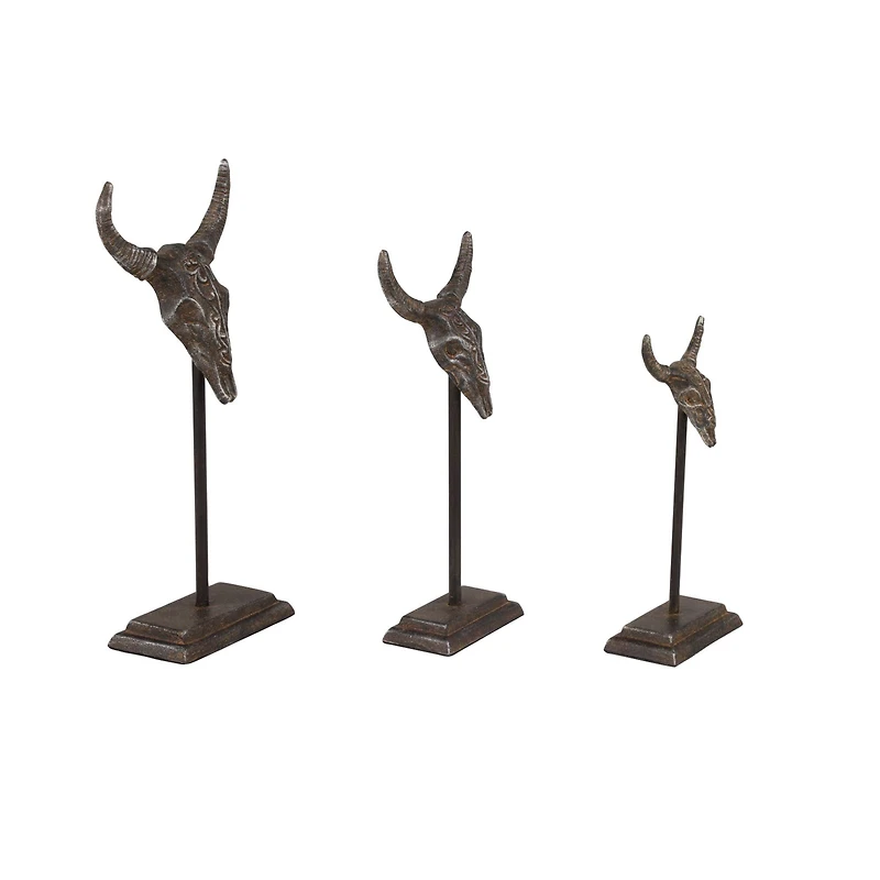 Set of 3 Grey Metal Eclectic Bull Sculpture, 15", 12", 10"