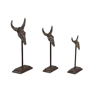 Set of 3 Grey Metal Eclectic Bull Sculpture, 15", 12", 10"