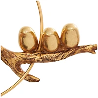 16" Gold Polystone Bird Family On A Branch Sculpture with Brown Block Base