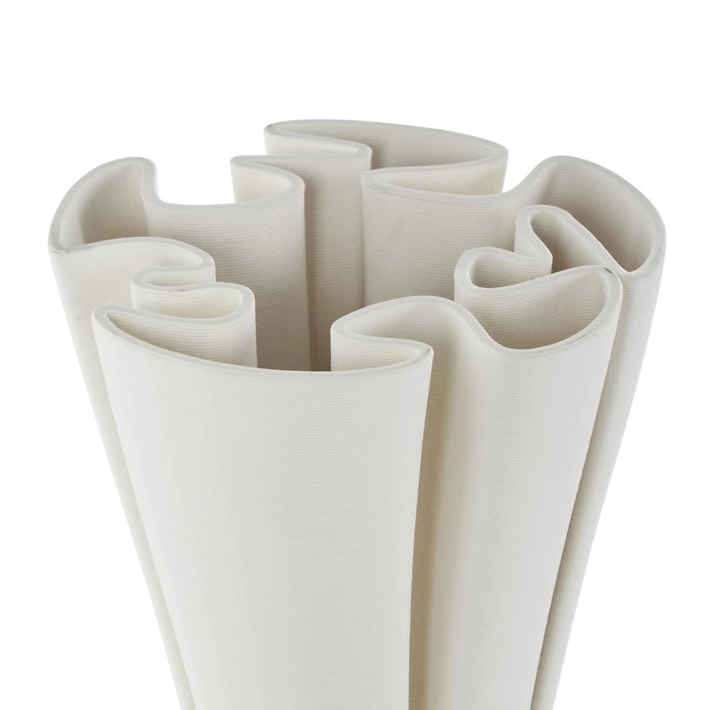 White Ceramic Abstract Ribbed Dimensional Folded Vase with Curvy Rim