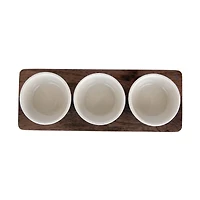 Hello Honey® Cream Stoneware Bowls & Natural Mango Wood Tray Set