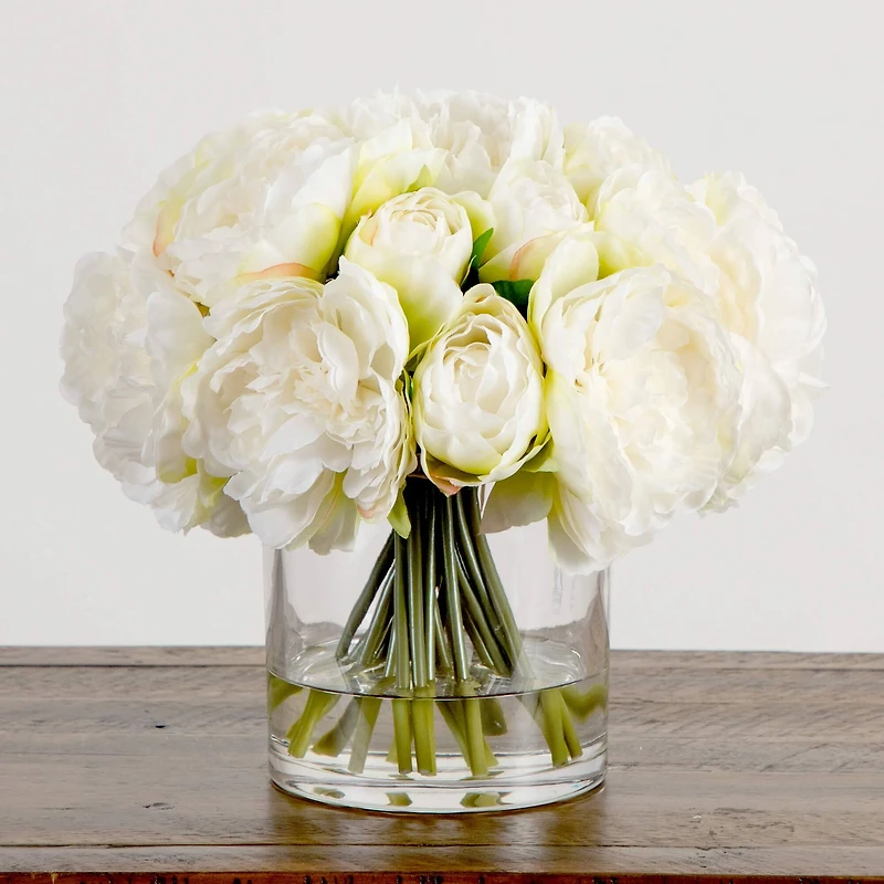 Wedding Collection 11in. Artificial Peony Arrangement in Glass Vase