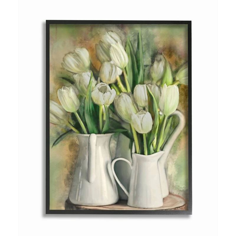 Stupell Industries White Tulips in Charming Country Pitchers Wall Art in Black Frame