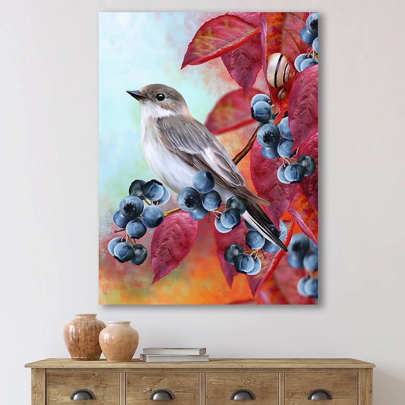 Designart - Little Gray Bird On Red Autumn On Blueberry Twig