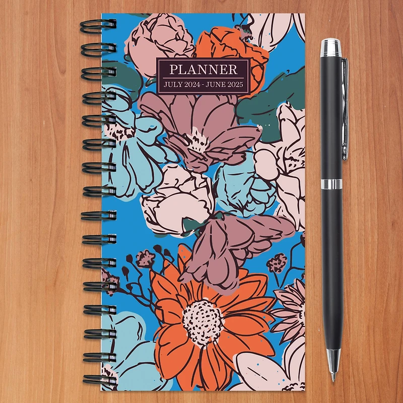 TF Publishing 2024-2025 Small True Blue Flowers Spiral Weekly Monthly Planner