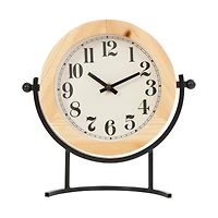 10" Light Brown Wood Clock with Curved Black Metal Stand & Ball Details