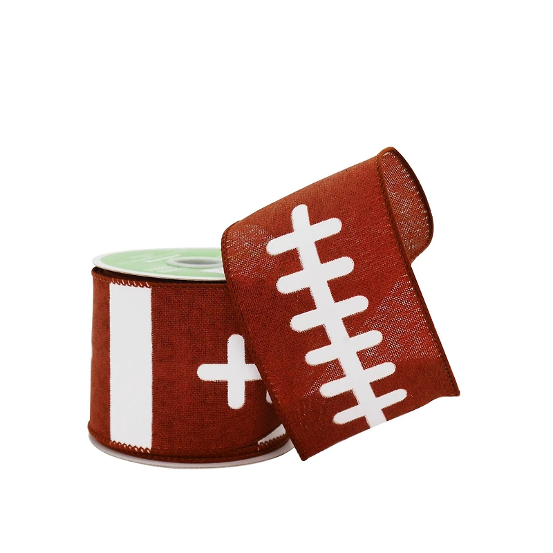 2.5" x 6.6yd. Football Wired Faux Linen Ribbon by Celebrate It™ Tailgate