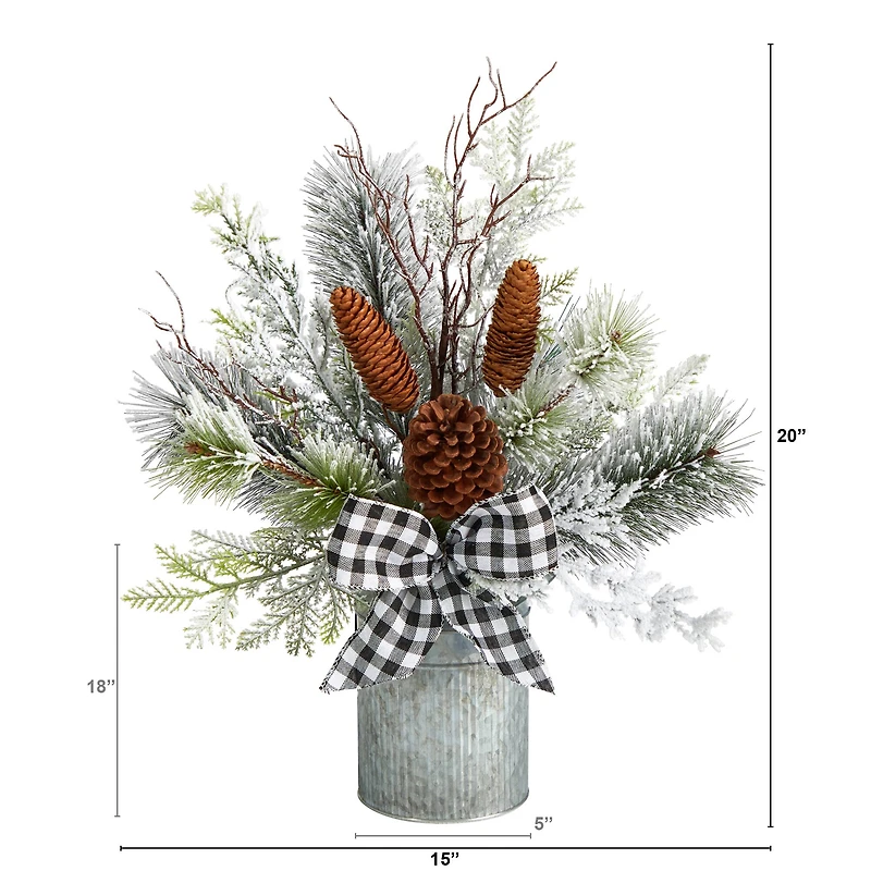 20" Winter Greenery, Pinecones & Gingham Plaid Bow Arrangement
