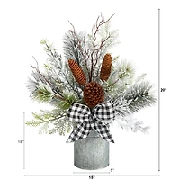 20" Winter Greenery, Pinecones & Gingham Plaid Bow Arrangement