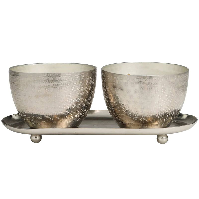 Campfire Scented Candles in Silver Grid Patterned Bowls Set