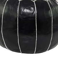 24" Black Leather Moroccan Floral Pouf with White Stitching