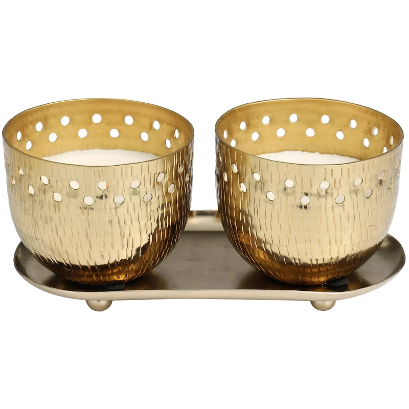 7oz. Jasmine Scented Candles in Cut Out Gold Bowls and Tray