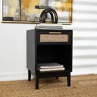 Wood Accent Table with Cane Front Drawer & Gold Handle