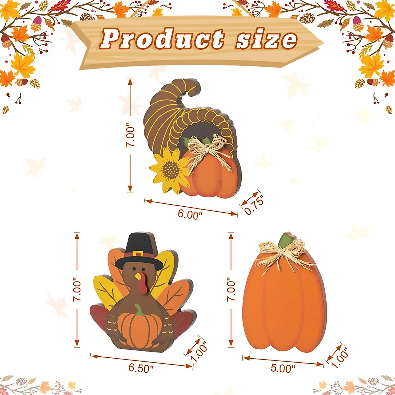 Glitzhome® 7" Thanksgiving Wooden Pumpkin, Turkey & Croissant Table Décor Set