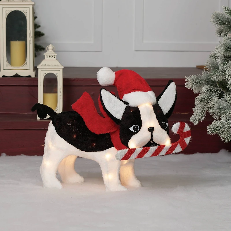 22" Plush Bulldog with Candy Cane Figurine