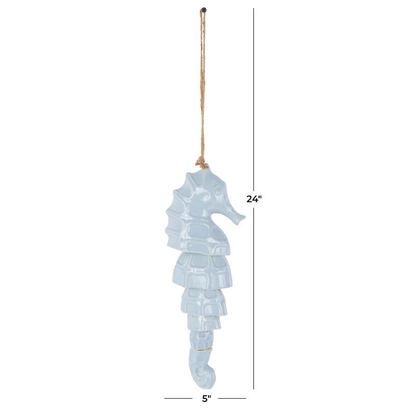 24" Blue Ceramic Sea Horse Windchime with Brown Rope