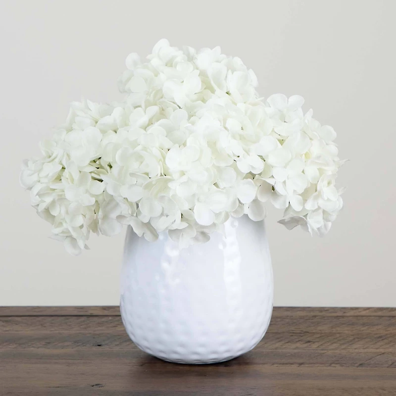 11" White Hydrangea Arrangement in White Metal Vase