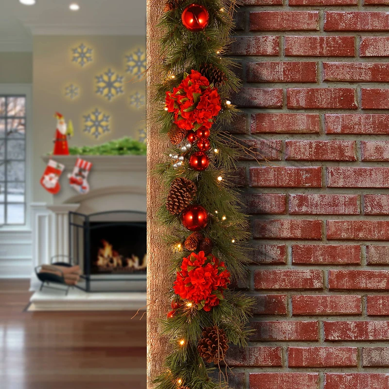 9' x 12" Pre-lit Decorative Collection Hydrangea Artificial Christmas Garland with Cones, Red Berries and 50 Soft White LED Lights