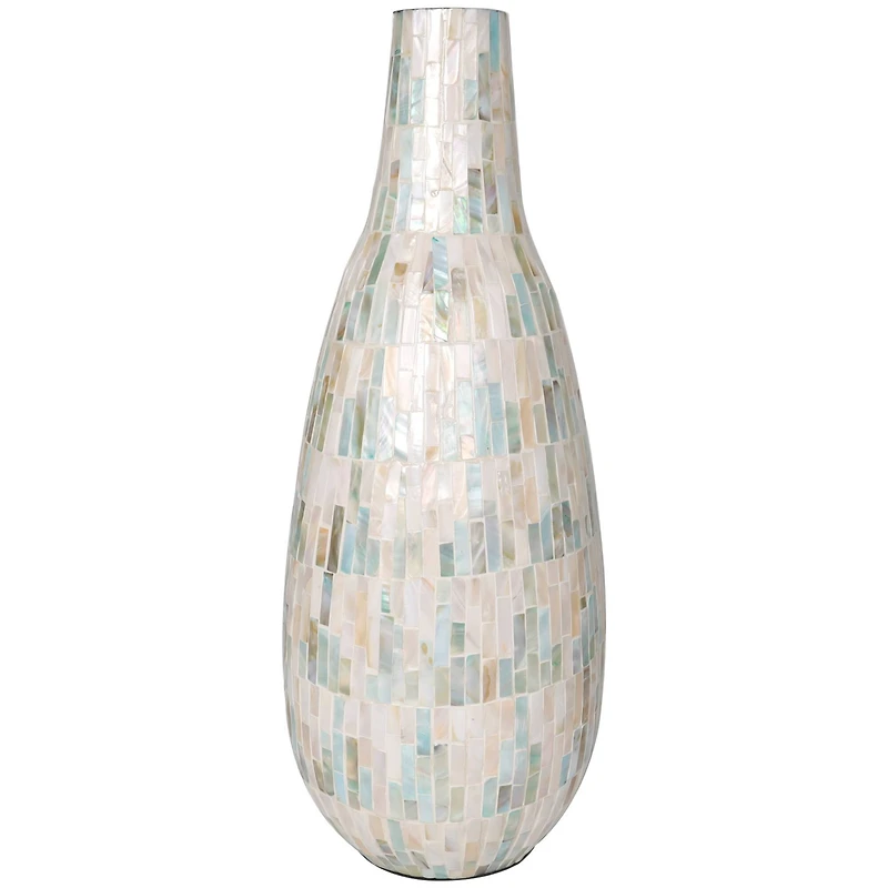 21" White Mother of Pearl Handmade Mosaic Inspired Vase with Pastel Blue and Pink Accents