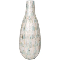 21" White Mother of Pearl Handmade Mosaic Inspired Vase with Pastel Blue and Pink Accents