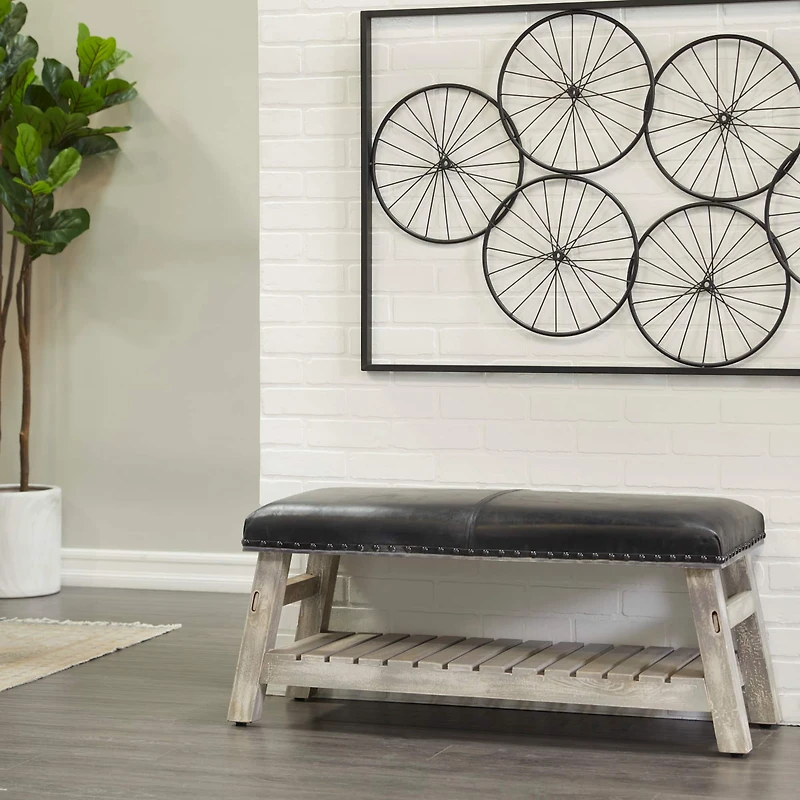 42" Black Wood Bench With Lower Shelf