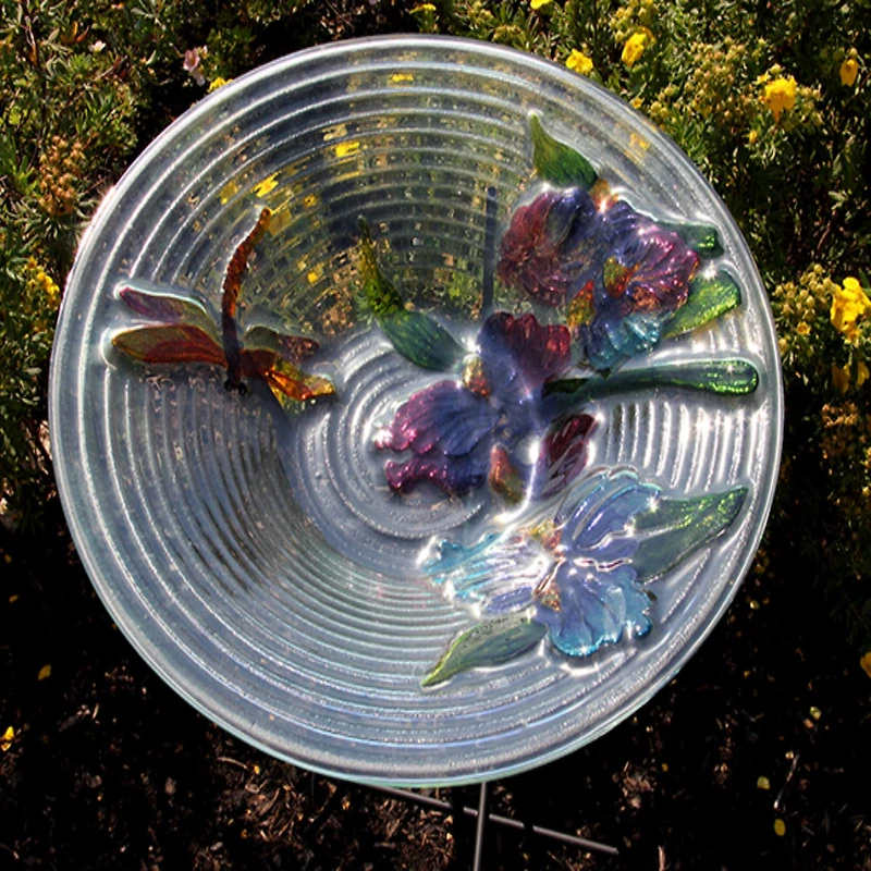 21" Hand Painted Glass Dragonfly and Flower Spring Outdoor Bird Bath