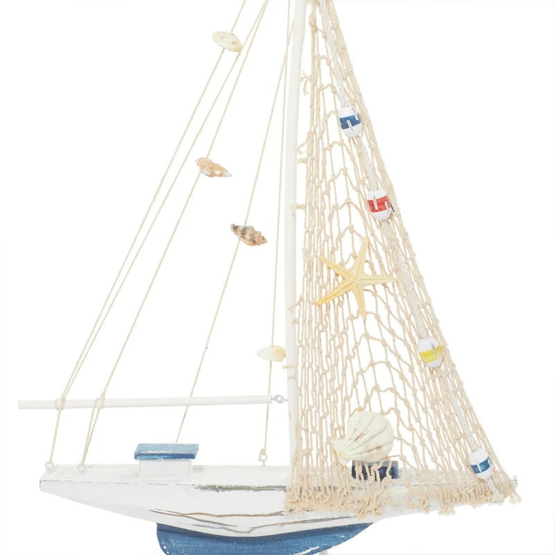 Set of 2 White Wood Coastal Sail Boat Sculpture, 22" x 13"