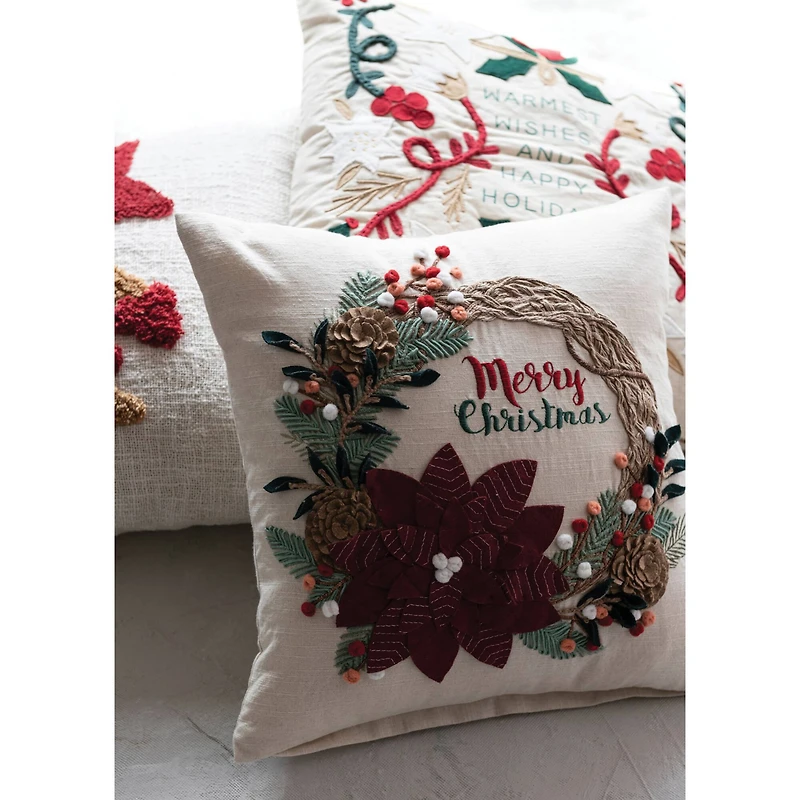 Hello Honey® 18" Merry Christmas Embroidered Applique Wreath Cotton Pillow