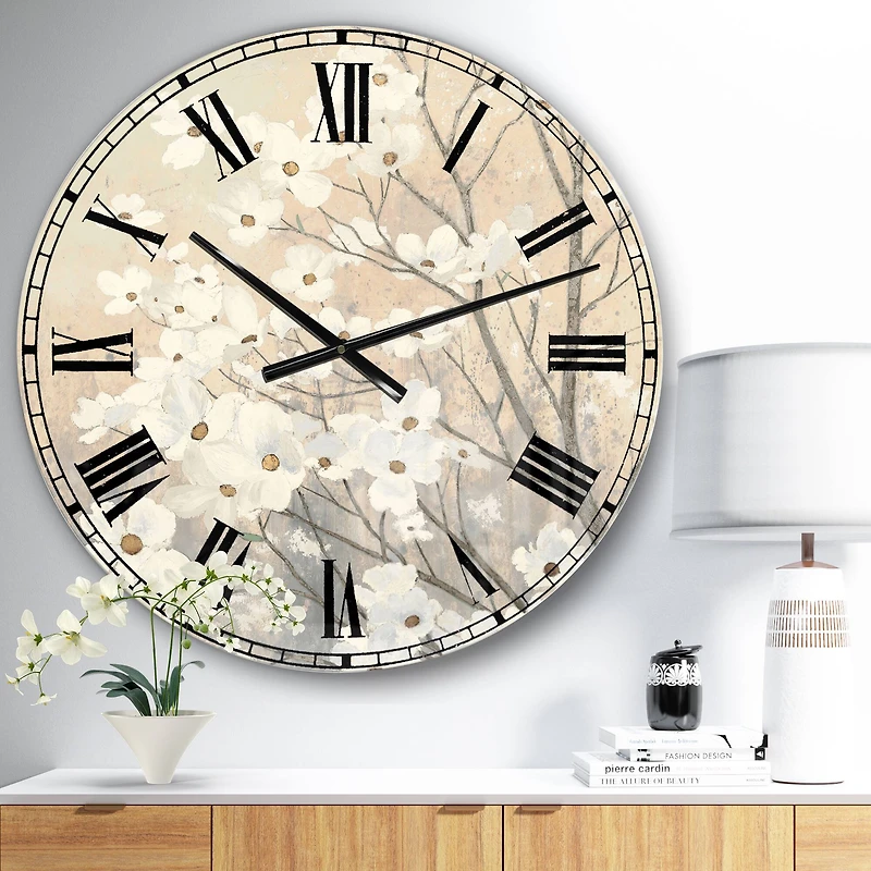 Designart 'Brown Onn Grey Blossoms Traditional Wall Clock