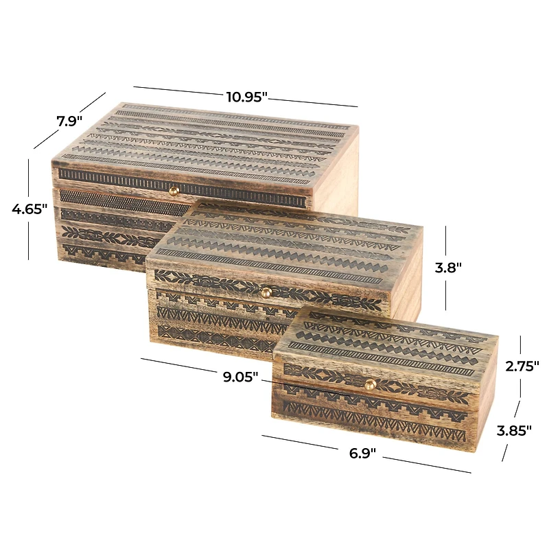 Brown Handmade Storage Box Set with Black Tribal Carvings & Gold Accents