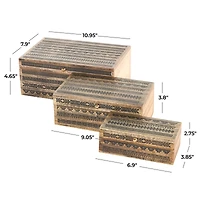 Brown Handmade Storage Box Set with Black Tribal Carvings & Gold Accents