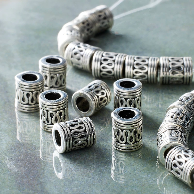 12 Pack:  Silver Snake Carved Metal Tube Beads, 9mm by Bead Landing™