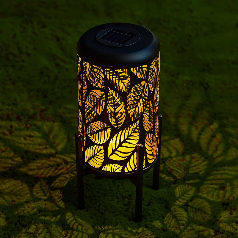 Glitzhome® 14.25" Black Metal Cutout Leaves Pattern Solar Powered LED Outdoor Lantern