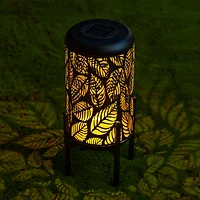 Glitzhome® 14.25" Black Metal Cutout Leaves Pattern Solar Powered LED Outdoor Lantern