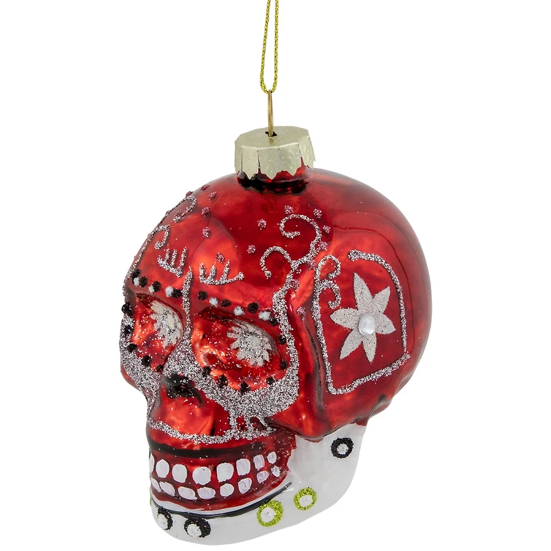 Day of the Dead Skull Head Glitter Glass Christmas Ornament - 3.5" - Red
