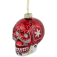 Day of the Dead Skull Head Glitter Glass Christmas Ornament - 3.5" - Red