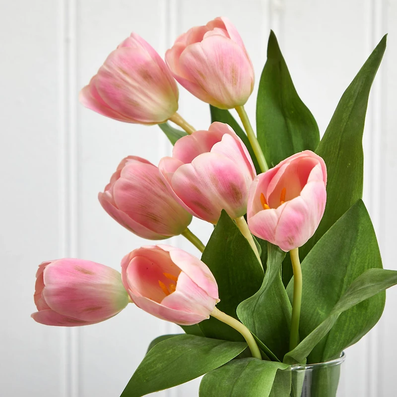 16" Pink Tulip Arrangement In Cylinder Vase