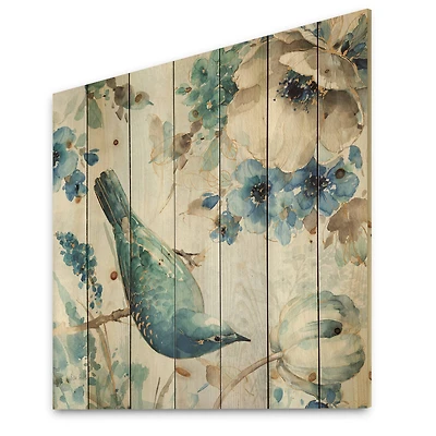 Designart - Indigold Watercolor Lovely bird I - Farmhouse Print on Natural Pine Wood