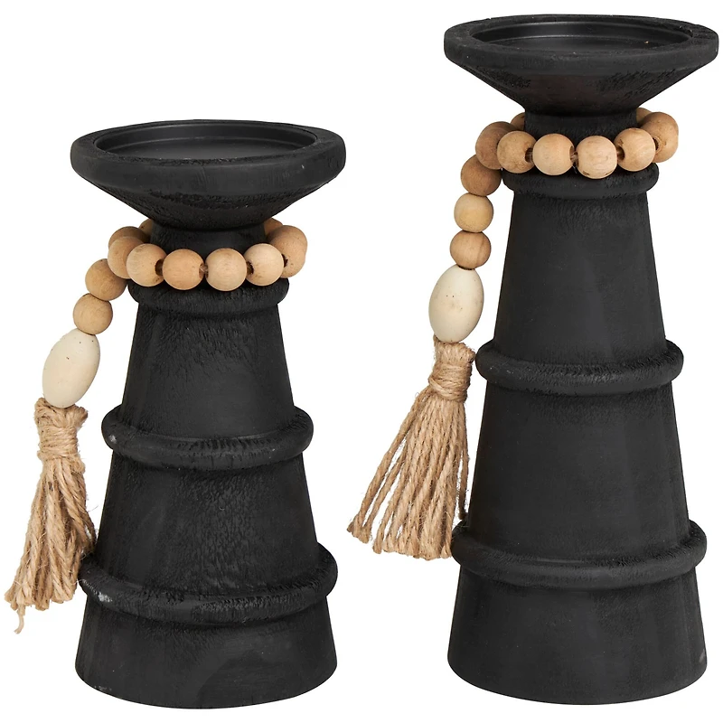 Black Wood Handmade Textured Matte Candle Holder with Beaded Garland Accent Set