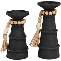 Black Wood Handmade Textured Matte Candle Holder with Beaded Garland Accent Set